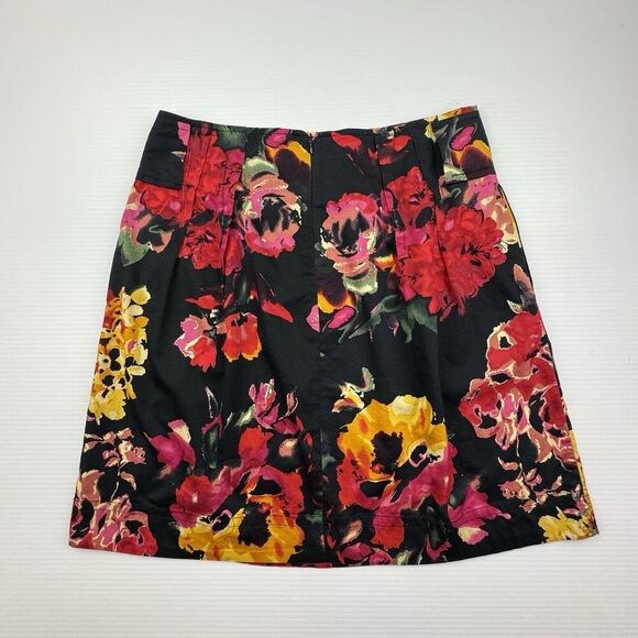 Grace Elements A-Line Skirt 8P Black Floral Cotton Pleated Pockets Zip Back - Picture 4 of 8